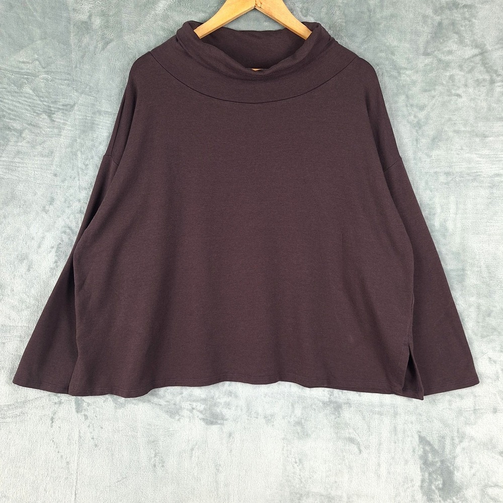 Eileen Fisher Top Womens XL Preppy Boxy Cowl Neck Crop Organic Cotton Minimalist